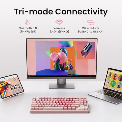 Image of Kisnt KN85 Wireless Mechanical Keyboard, 75% Layout, Bluetooth /2.4GHz /USB-C, Custom RGB Backlit, Hot-Swappable Linear Switch, Creamy Sound for Gaming /Typing (Rose Pink)