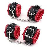 Padded Leather Bondage Handcuffs and Ankle Cuffs Set, Leather Sex Toys SM Wrist Cuffs for Bondage Restraints, Bondage Kit Sex Cuffs, Bondage Cuffs for Sex Games (Wrist & Ankle, Red/Black)