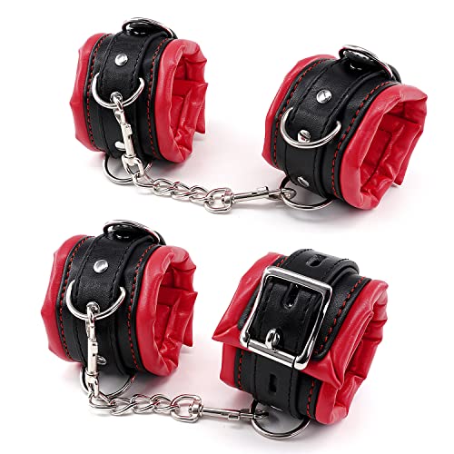 Set di Manette e Cavigliere Bondage in Pelle Imbottita, Polsini SM in Pelle per Restrizioni Bondage, Manette Sessuali per Giochi SM, Manette Bondage per Giochi Sessuali (Nero/Rosso)