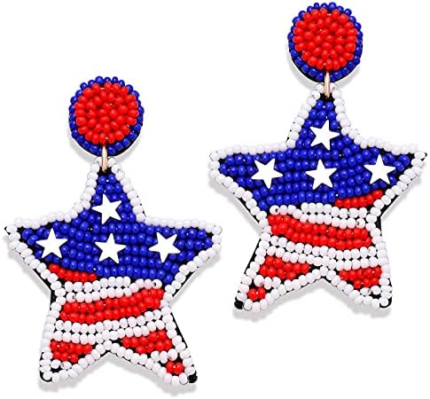 American Flag Earrings for Women Girls, Patriotic Beaded Star Drop Dangle Earrings, Memorial Day earrings 4th of July Independence Day Earrings, Holiday Earrings Gifts