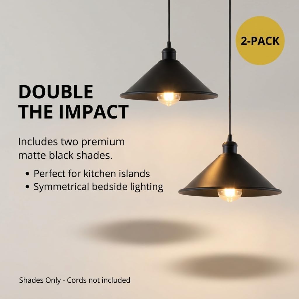 2 Pack Black Metal Cone Lamp Shades 22cm Easy Fit Replacement Light Shades for Pendant Ceiling Wall Lights Vintage Industrial Lampshade with Reducer Plate Home Cafe Decor