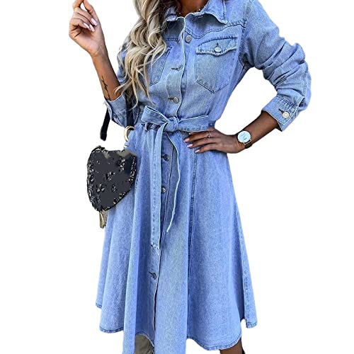 LCDIUDIU Damen Kleid,Damen-Jeanskleid Modisch Hellblau Langärmelig Revers-Midikleid Lässig Locker Button-Down-Hemdkleid Vintage-Jeanskleid Mit Hoher...