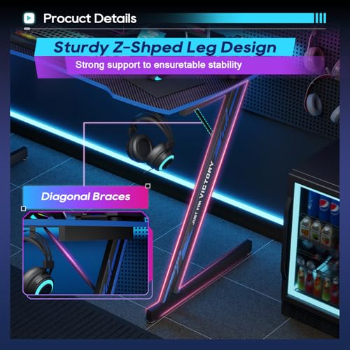 Image of BestOffice Gaming Desk Z Shaped 47 inch PC Computer Desk Computer Workstation Ergonomic Gaming Table with Headphone Hook for Game Players, Black&Blue