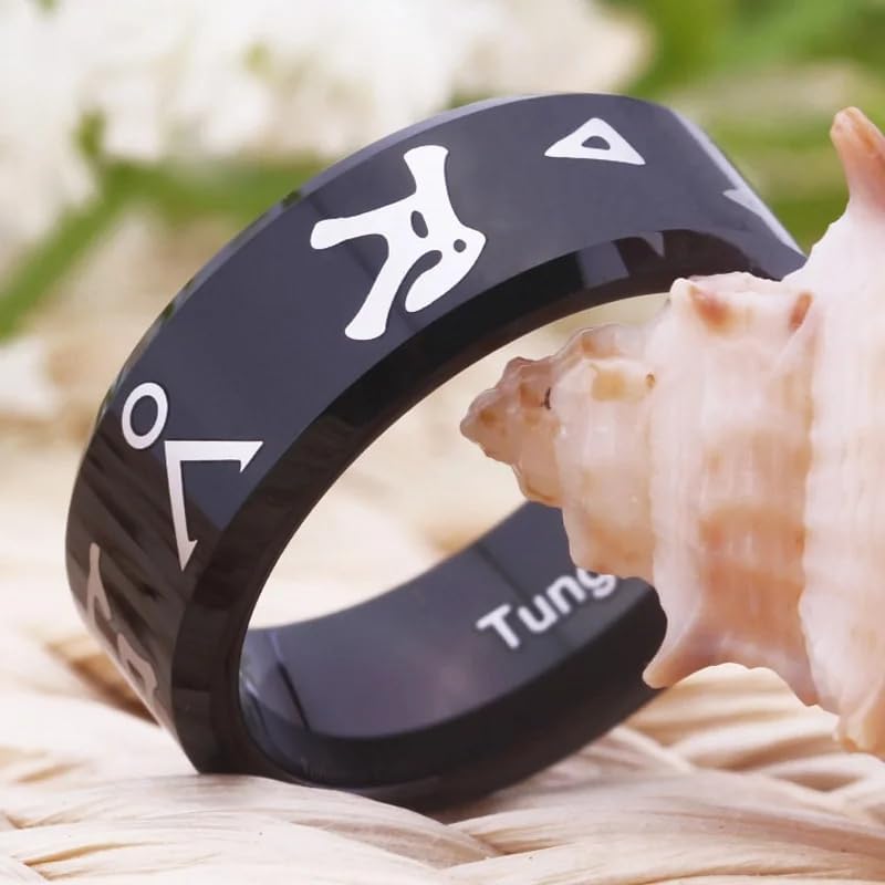 8MM Shiny Black Bevel Stargate Design Tungsten Carbide Ring Band Wedding Tungsten Ring Engagement Ring for Men Women