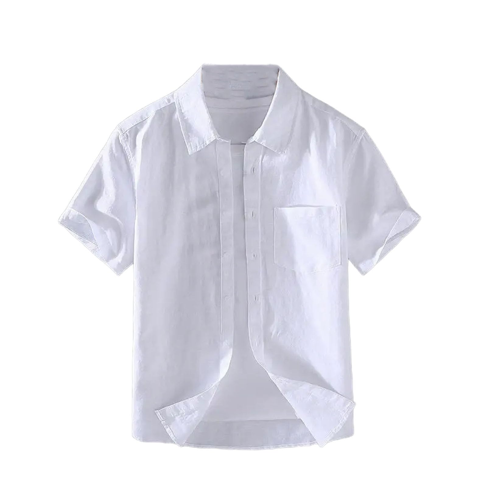 Camicie a maniche corte in lino di cotone per gli uomini casual moda gialla girare giù collare top