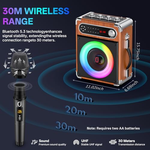 Image of JYX Karaoke Machine with Two Wireless Microphones, Portable Bluetooth Speaker with Bass /Treble Adjustment, PA System with Remote Control, LED Lights,Supports TF Card /USB /AUX /TWS