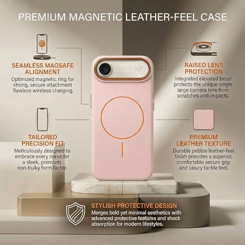 Image of amazon basics Luxury MagSafe Compatible Leather Texture Back Cover for iPhone 17 Air | Raised Camera Protection | Slim Fit Shockproof Case with Metallic Accents (Pink)