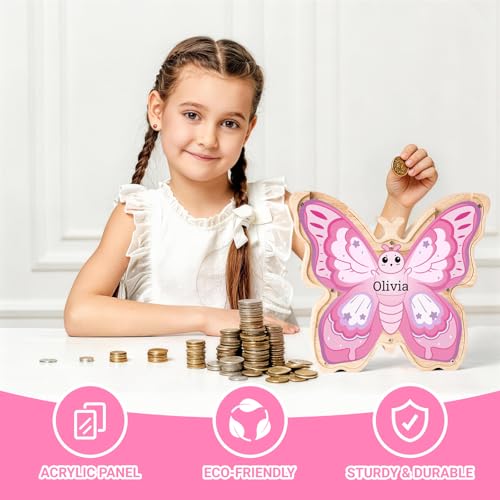 Image of Wooden Pink Butterfly Piggy Banks for Kids | Custom Wooden Pink Butterfly Coin Bank with Name, Money Jar, Educational Toy, Easter & Birthday Gift for Boys Girls