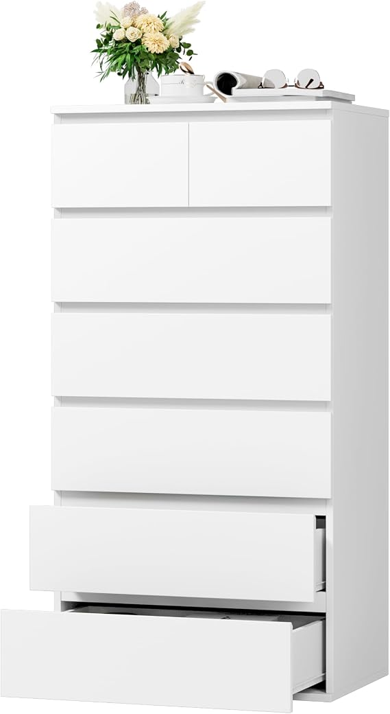 FOREHILL White Chest of Drawers Bedroom Tall Storage Cabinet with 7 Drawers | Dresser Drawers, Bedroom Furniture, Storage Cupboard for Living Room Hallway, Painted Surface, Wooden 60 x 40 x 119cm