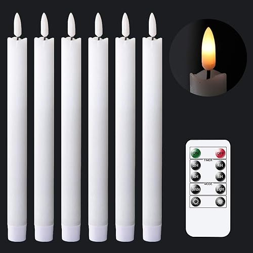 Miniatura 1 de GenSwin Flameless White Taper Candles Flickering with 10-Key Remote, Battery Operated Led Warm 3D Wick Light Window Candles Real Wax Pack of 6,