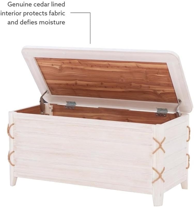 MAKLAINE Cedar Lined Storage Chest, 38 Inch White Distressed Wood Finish, Rope Detail, Versatile Blanket Chest for Seating, Table or Storage, Traditional Style for Bedroom or Living Room Use