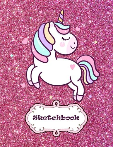 Sketchbook: Cute Unicorn On Pink Glitter, Large Blank Sketchbook For Girls, 100 Pages, 8.5