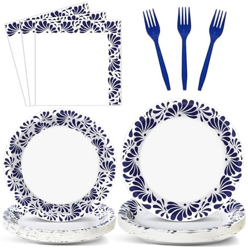 96 Pcs De Barro Mexican Talavera Paper Plates and Napkins Party Supplies White Blue Floral Clay Disposable Tableware Set Talavera Party Decorations for Fiesta Wedding Baby Shower Favors for Serves 24