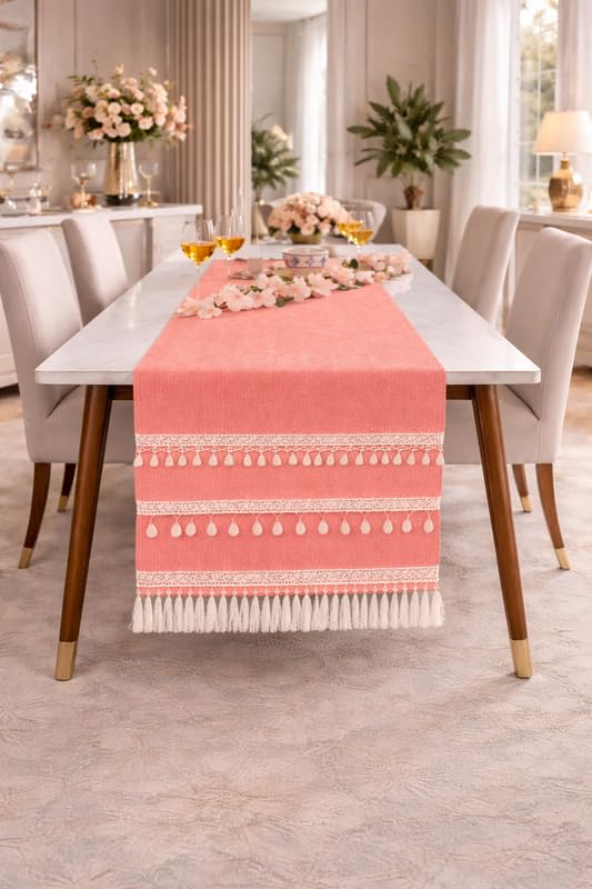 WWW.THROWPILLOW.IN Peach Table Runner with Tassels & Kowri 13x108 Inch |Fits 8 Feet TV Unit Cabinet, Center Table, Coffee Table, Dining Table, Entry Console|Living Room Diwali Decor 4