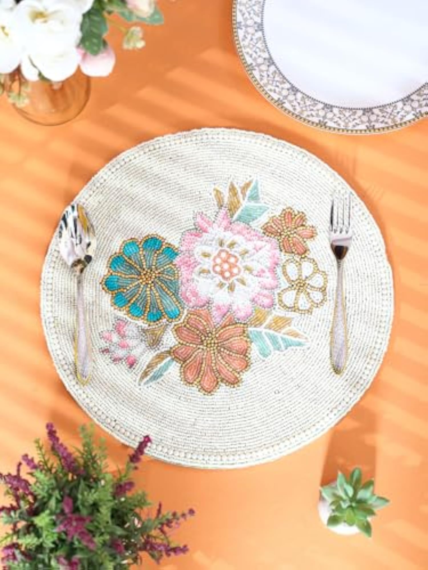 Beaded Polyester Placemat for Dining Table, White Pastel Flower Design