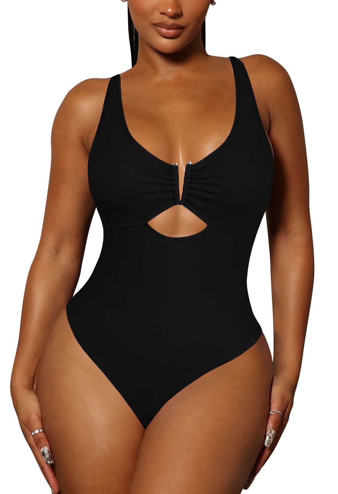 Viottiset Women's One Piece Swimsuit Tummy Control Cheeky High Cut Out Bathing Suit Backless Monokini Black L