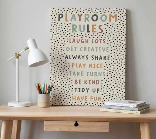 Image of Kids Playroom Canvas Wall Art, Neutral Playroom Rules Painting Picture Wall Decor, Boho Classroom Educational Poster Print Artwork for Classroom, Nursery, Toddler Home Decoration, 16x24in Framed