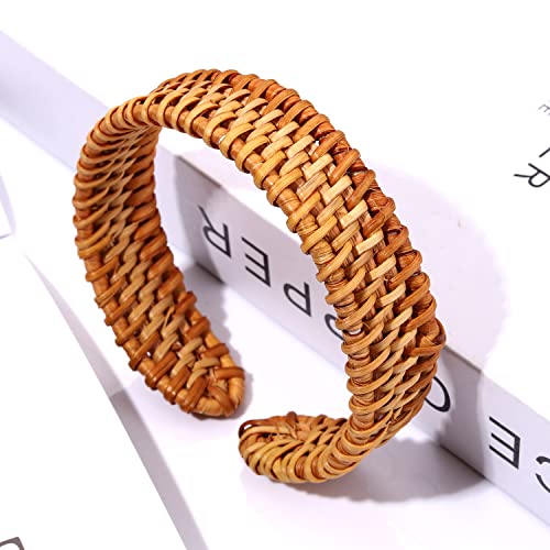 Rattan Bracelet For Women Gifts Handmade Lightweight Straw Wicker Braid Cuff Bangle Bracelet Adjustable Boho Rattan Woven Chunky Thin Bracelets For Girls Sister Summer Wrist Jewelry (B Rattan Thin Bracelet) #TOP4