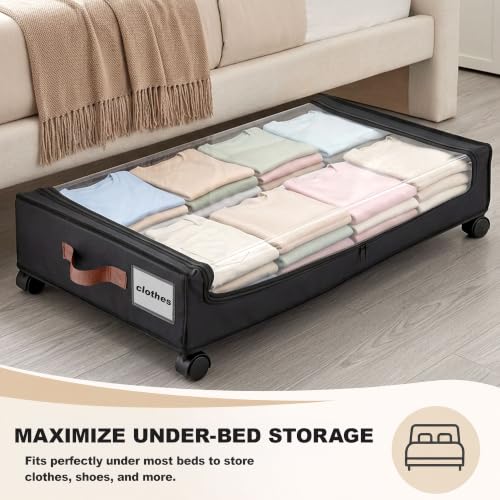 Image of Story@Home Underbed Storage Box and Organiser with Wheels | Under Bed Storage Bags with Clear Lid & Label | Rolling Under Bed Storage for Clothes, Shoes, Blankets - Black - Pack of 1