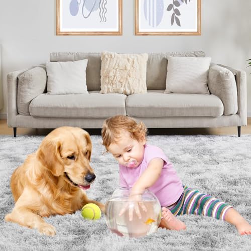 Puremy Wohnzimmerteppich, Hochflor Teppiche Wohnzimmer Deko Flauschiger Weich Waschbarer & Anti-Rutsch Modern Shaggy Teppich für Schlafzimmer, Kinderzimmer, 140x200cm, Tie-Dye Hellgrau