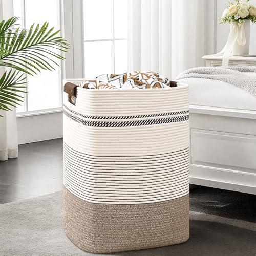 Image of Laundry Hamper, 85L Tall Laundry Basket with Leather Handles, Rectangle Large Clothes Hamper for Organizing, Cotton Woven Laundry Baskets Storage Hampers for Bedroom, Nursery, Living Room