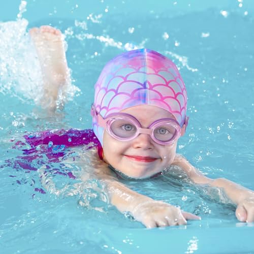 Image of Girls Unicorn Swim Cap and Goggles Set Toddler Waterproof Bathing Pool Swimming Caps Comfortable Kids Mermaid Unicorn Swimming Hats for Long and Short Hair (Mermaid Set)