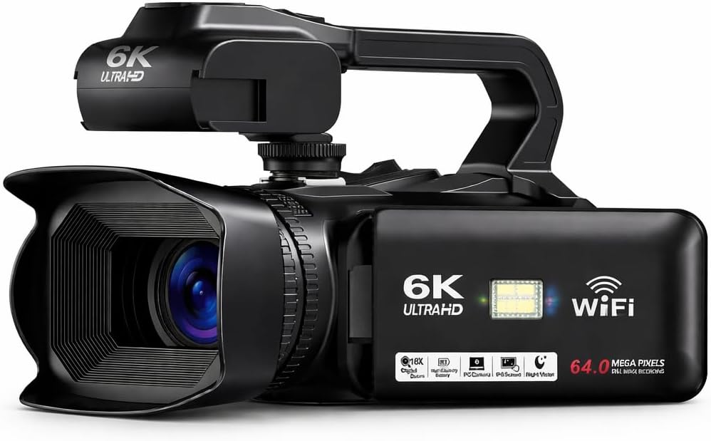 Acuvar 6K Video Camera Camcorder with WiFi, 18X Zoom, IR Night Vision – Vlogging Camera for YouTube, Webcam Function, Includes Stabilizer, Mic, Remote & 64GB Card
