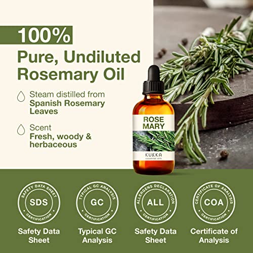 Kukka Pure Rosemary Oil For Hair Growth (4 Fl Oz) - 100% Natural Undiluted Therapeutic Grade Rosemary Essential Oils For Skin, Diffuser, Dry Scalp & Aromatherapy - Rosemary Hair Oil For Hair Growth #TOP5