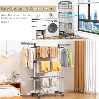 PurKeep Étendoir à Linge 4 Niveaux - Séchoir à Linge Pliable avec roulettes, Étendoir Linge Intérieur/Extérieur en Acier Inoxydable, Grand Séchoir à Linge pour Buanderie, Balcon, Gris et Noir