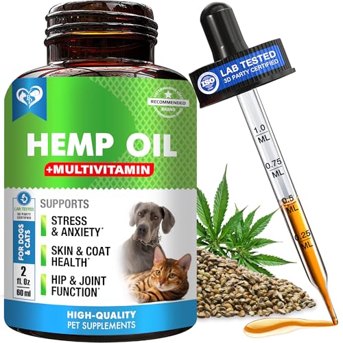 Cat & Dog Hemp Oil Drops with Multivitamin - Pet Calming Anti Anxiety & Hip and Joint Pain Aid and Anti Stress Support - Natural Liquid Supplement (2 oz)