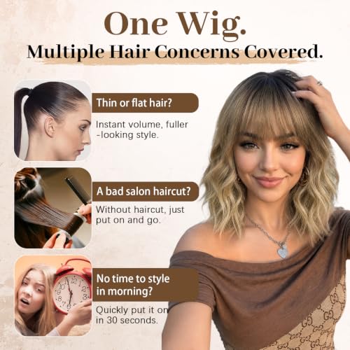 Image of Nnzes Short Wavy Bob Wig with Bangs for Women Shoulder Length Curly Soft Dark Root Beige Blonde Ombre Synthetic Heat-Resistant Fiber Hair for Daily & Party Use