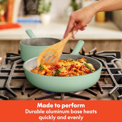 Image of bella 7 Piece Cookware Set with EverGood Ceramic Nonstick Coating, Dishwasher Safe Oven Safe, All Stovetops Compatible, Glass Lids with Silicone Rims, Cool Touch Handles, Seaglass