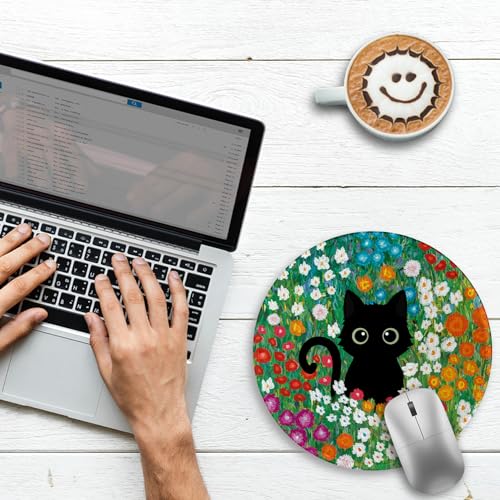 Image of Gctriki Anime Black Cat Mouse Pad 8.6 x 8.6 Inch, Funny Round Mousepad for Gaming Laptop Computer, with Stitched Edge Non-Slip Rubber Base, Cute Cat Flower Home Office Decor Desk Accessories