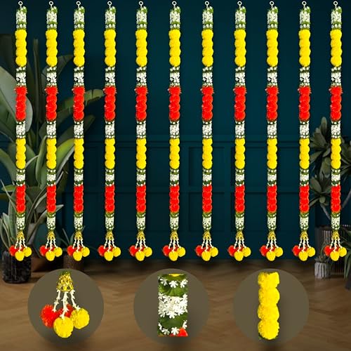 Image of iHandikart Pack of 2 Artificial Multicolor Marigold Garlands with Jasmine & Daisy Leaves (64 Inch) - Premium Floral Strings for Pooja, Temple, Wedding Backdrop, Diwali, Haldi & Mehandi Home Decor