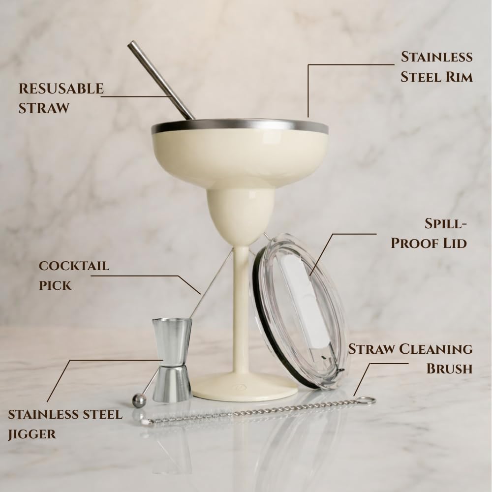 Isolierte Margarita-Gläser aus Edelstahl mit Deckel, bruchfest, vakuumversiegelt, Margarita-Becher, ideal für Muttertagsgeschenk (Creme, 2 Stück)