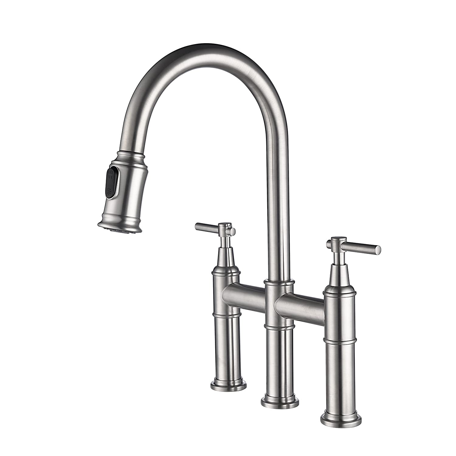 Kitchen Faucet with Pull Down Sprayer, Commercial Spring Sink Out DoubleHandle faucets, Brushed Nickel