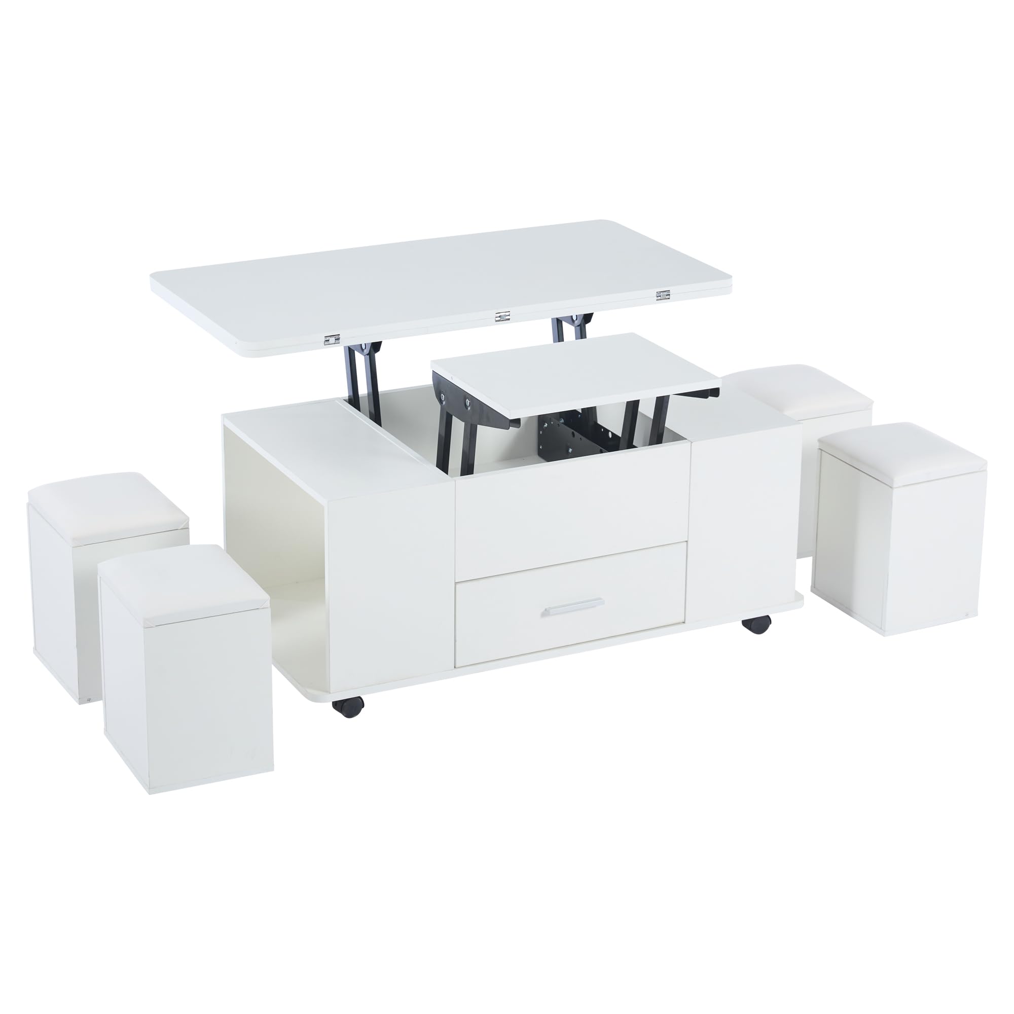 Mesa De Centro Regulable En Altura, Mesa De Sofá Móvil, Mesa De Centro Multifunción 4 En 1, Convertible En Mesa De Salón Comedor, Con Cajones, Con 4 Taburetes, Color Blanco