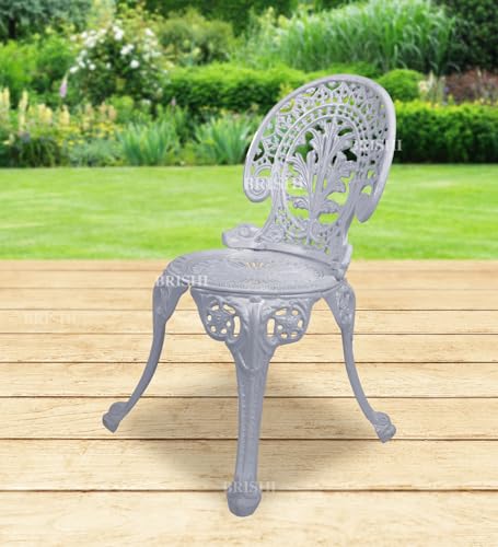Image of BRISHI Cast Aluminium Garden Patio Seating Chair and Table Set for Balcony Outdoor Furniture with 1 Table and 3 Chair Set (White) (Grey)