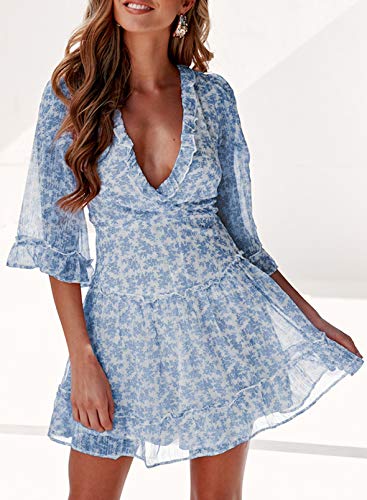 Dokotoo Womens Juniors Cute Spring Fit And Lantern Ruffle Chiffon Half Sleeve Elegant Floral Print Boho Hawaiian Flowy Mini Short Skirt Party Dresses For Women Party Casual Summer 2023 Blue Large #TOP1