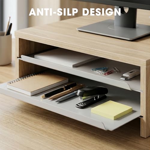 Image of Fenge 42.5Inch Corner Monitor Stand with Drawer, 3-Tier Monitor Riser with Slide-Out Tray