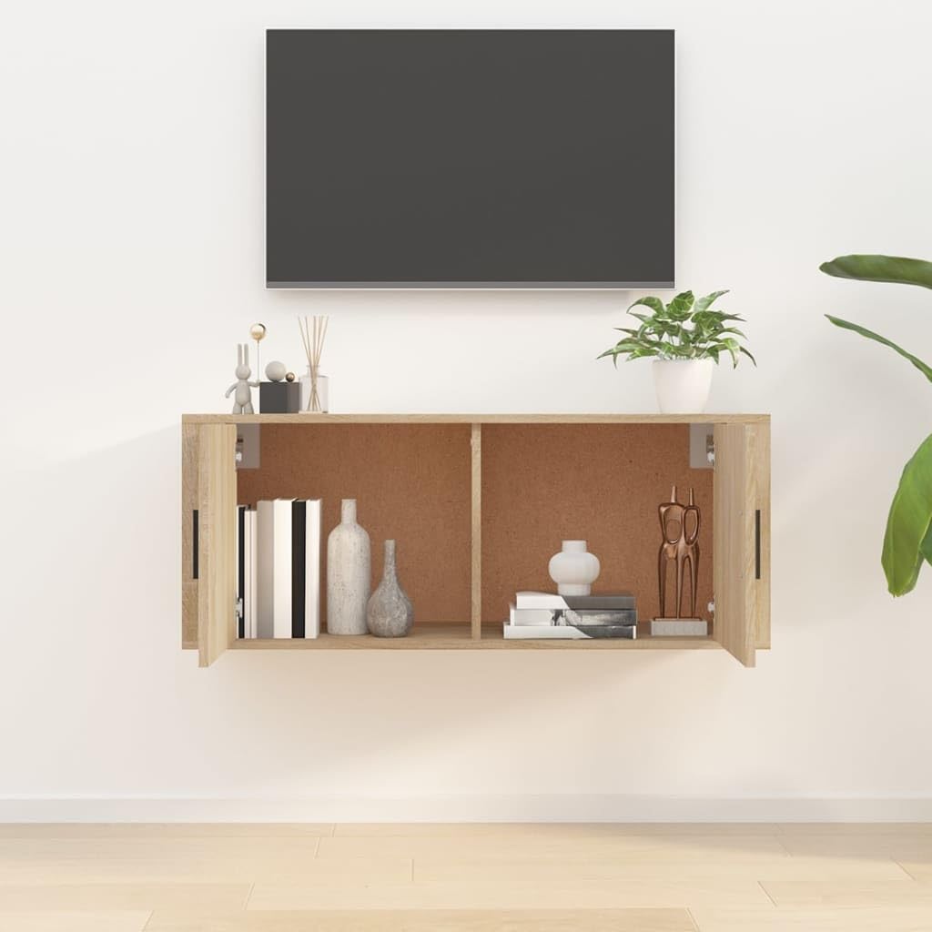 Naścienna szafka pod telewizor dąb Sonoma, 100 x 34,5 x 40 cm, pływający regał na media, wytrzymała konsola z 2 półkami, do salonu, stabilna, uniwersalna podstawka pod telewizor