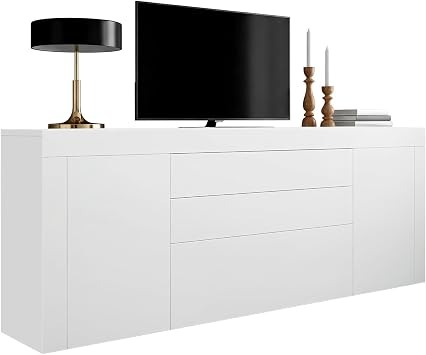 Panana Living Room Large Sideboard Cabinet High Gloss Front and Top Chest of Drawers 2 Door 2 Drawer 2 Flap Storage Cupboard W200xD35xH72cm White