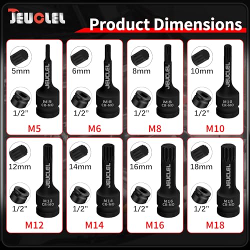 Image of 8PCS Impact Spline Bit Socket Set, M5 M6 M8 M10 M12 M14 M16 M18 Triple Square Metric 1 /2-Inch Impact 10mm Triple Square Socket Kit, Cr-Mo Steel Remover Hand Repair Tool