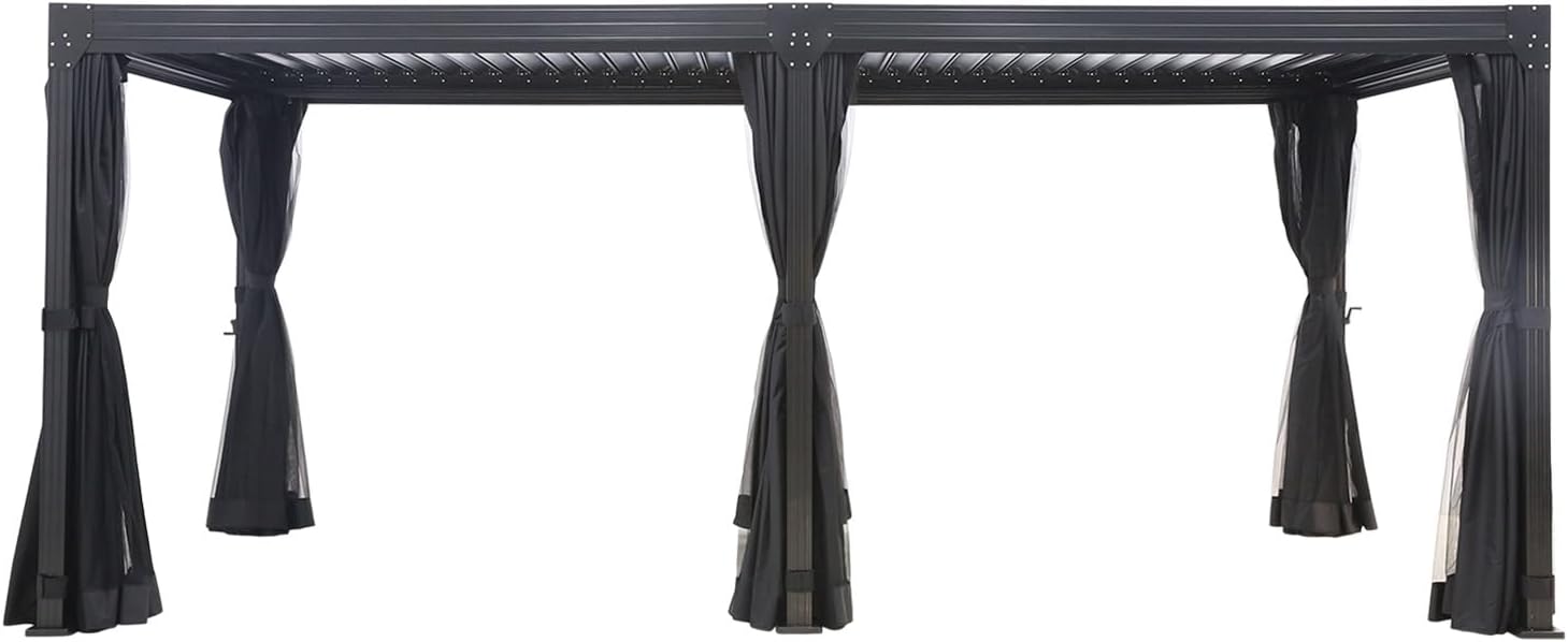 Full view of the Dancover Monterey Bioclimatic Pergola with black side curtains and mosquito nets partially drawn