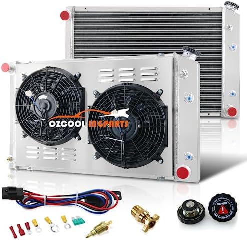OzCoolingParts 4 Row Core Aluminum CC716AA Radiator + 2 x 12" Fans w/Shroud + Thermostat Kit for 1973-1991 84 85 Chevy C/K/P/R Series C10/C20/C30/K10/K20/K30 Pickup Trucks Blazer Jimmy Suburban