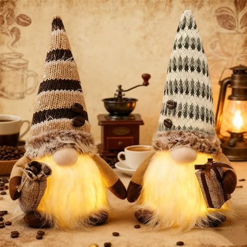 CYJJYZ 2 peças Gnomo decorativo de outono, gnomo de café com luz, boneca de Rudolph, para decoração de ação de graças, Natal e Halloween