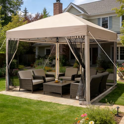HAVZENO 8x8 Pop Up Canopy with Mosquito Netting Ez Up Portable Waterproof Instant Outdoor Screen Shelter Pop Up Tent for Patio Backyard Parties Camping and Events Beige