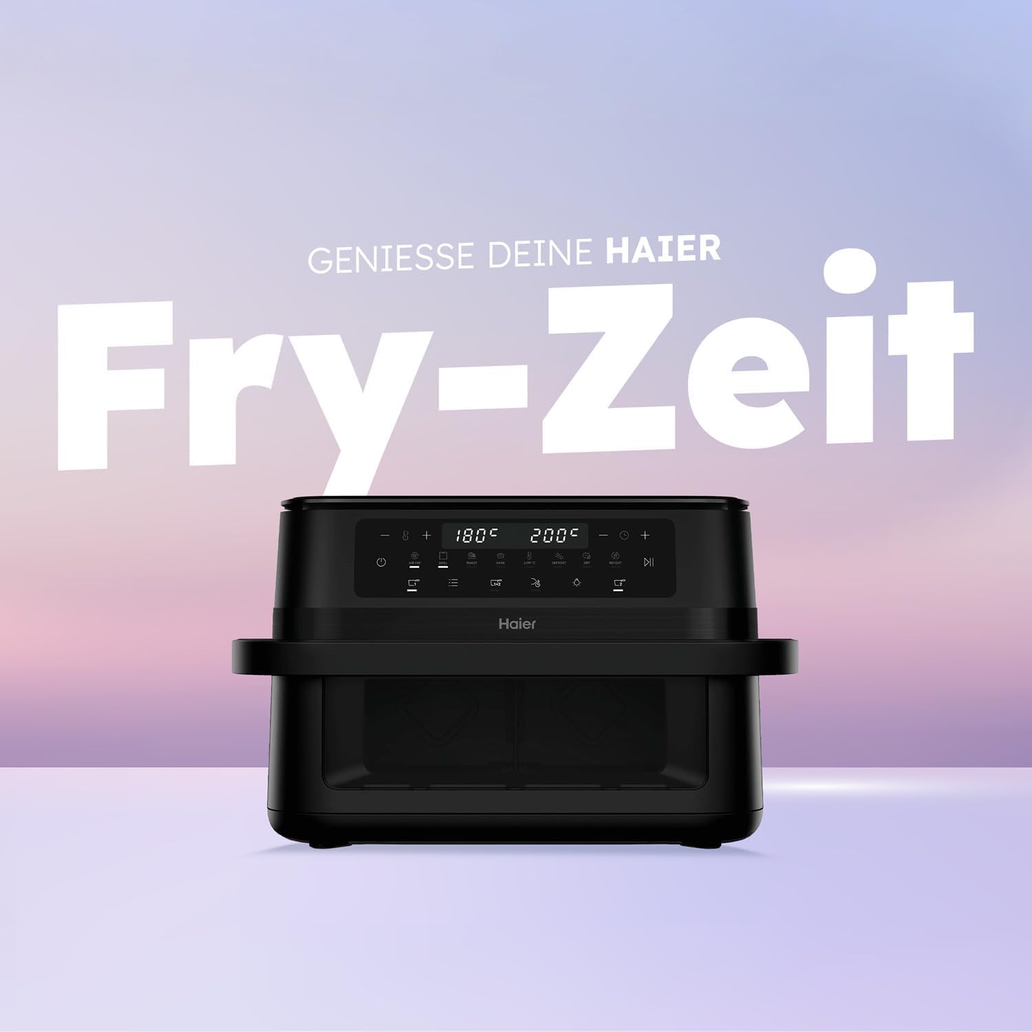 Haier Heißluftfritteuse Flex | 11 L Airfryer Dual mit herausnehmbarer Trennwand & Sichtfenster für 9 Portionen | 8 Funktionen | spülmaschinenfest