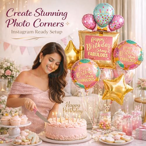 Image of Propsicle Stay Fabulous Birthday Balloon Set Pack of 5 with 36 Inch Square Foil, 18 Inch Star, Printed Round Rose Gold Theme for Women Girls Photo Booth Decoration