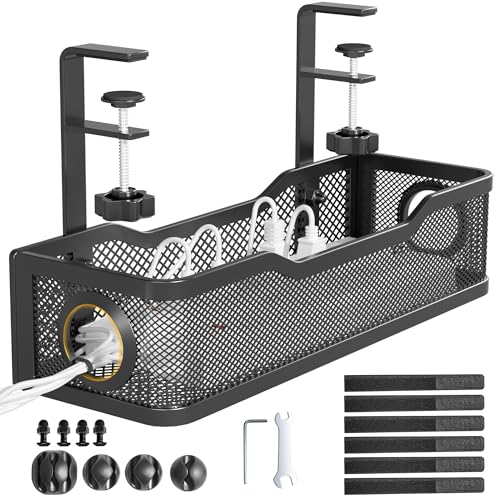 Under Desk Cable Management Tray Black, Cinati Wire Organizers No Drill, Cable Tray with Clamp for Wire Management, Cord Organization Box for Office, Home - No Damage to Desk
